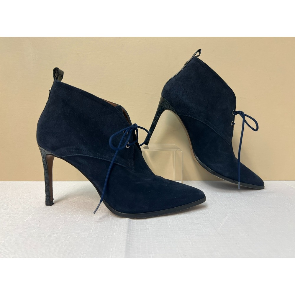 Donald J Pliner Perla Lace Up Ankle Stiletto Bootie Navy Suede Pointed Toe SZ 7